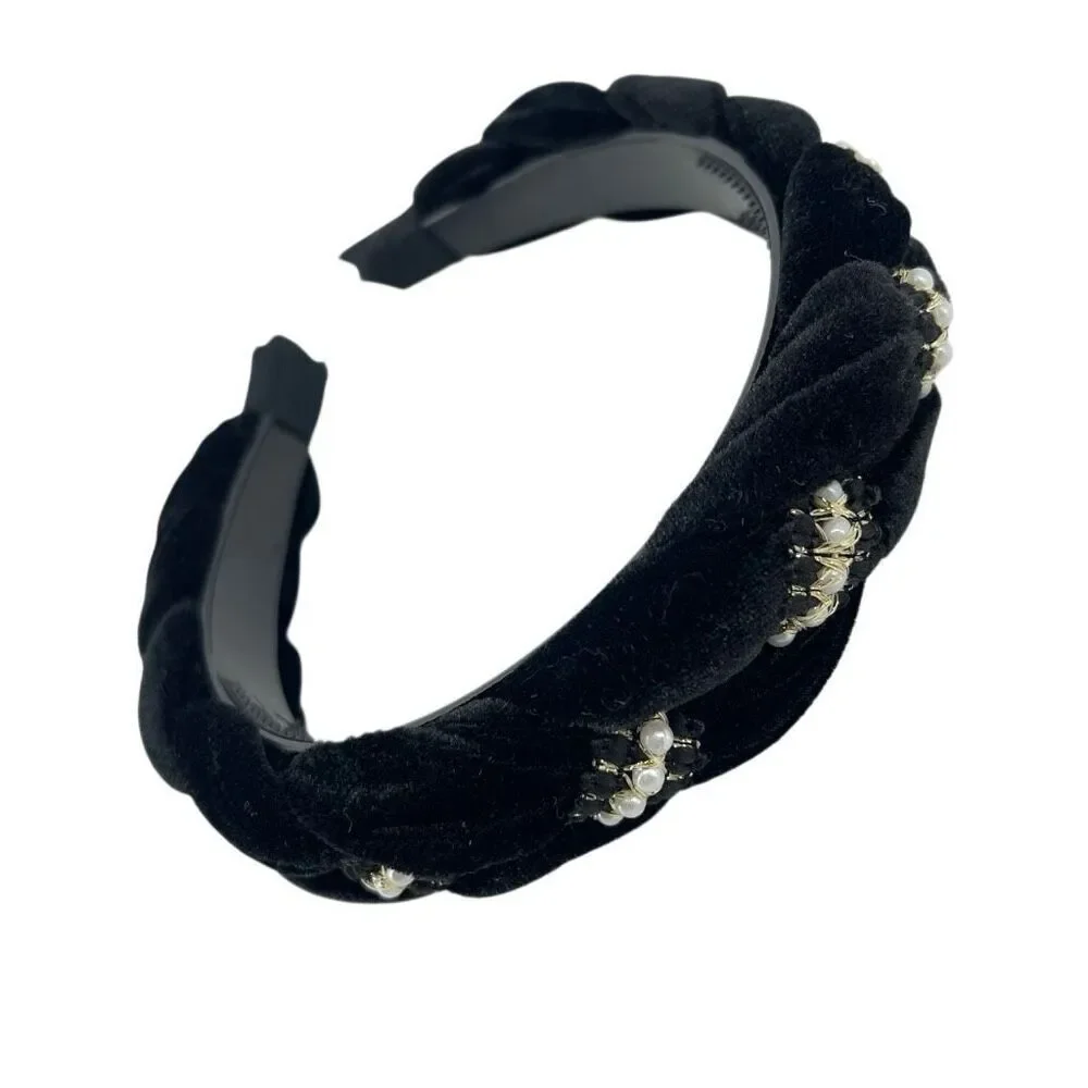 Black Velvet Pearl Headband Padded Knot Braided Coquette Glam Hair Accessory